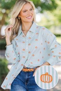 Back To Work Green Pumpkin Embroidery Stripe Shirt
