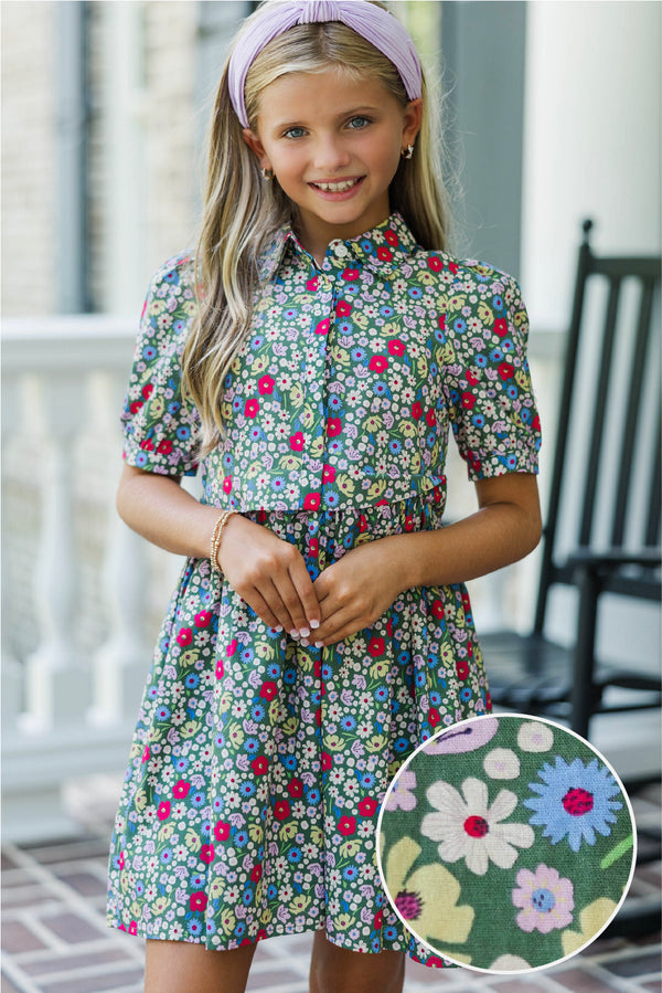 Girls: All For You Green Floral Shirt Dress