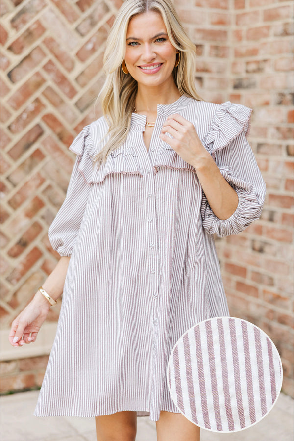 Mind In The Clouds Brown Striped Ruffled Babydoll Dress