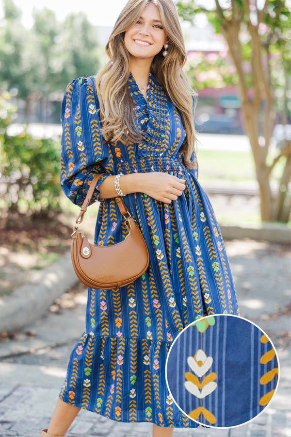 Petals In The Wind Navy Floral Striped Midi Dress