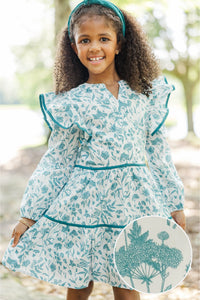 Girls: At This Time Teal Toile Green L/S Babydoll Dress