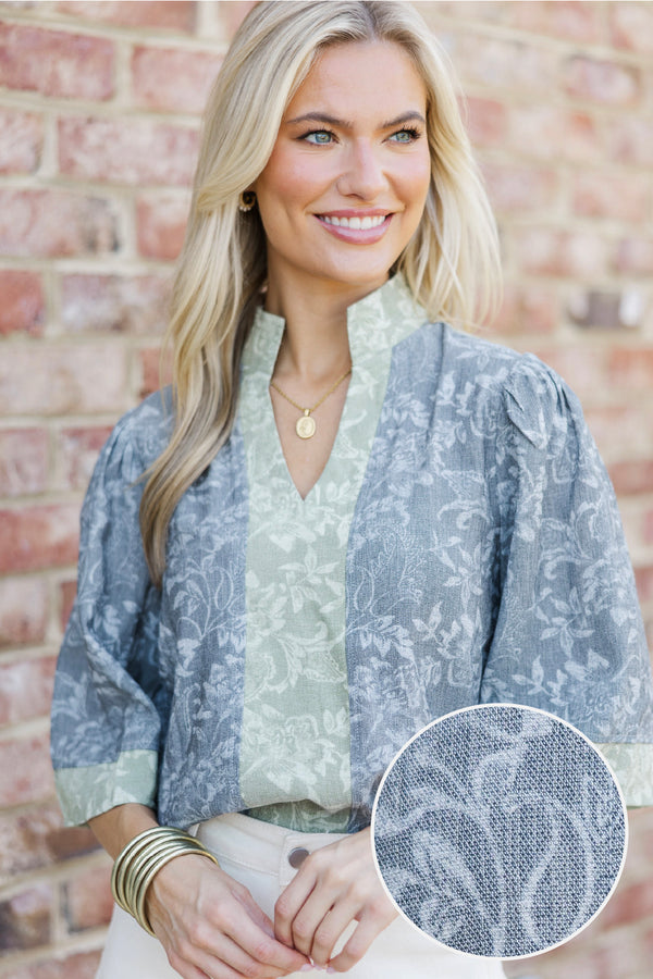 Fade Into The Flowers Heather Gray Floral Blouse