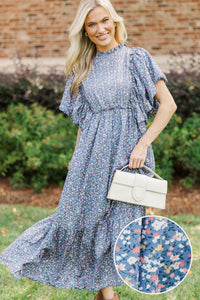 All The Good Blue Ditsy Floral Ruffled Midi Dress