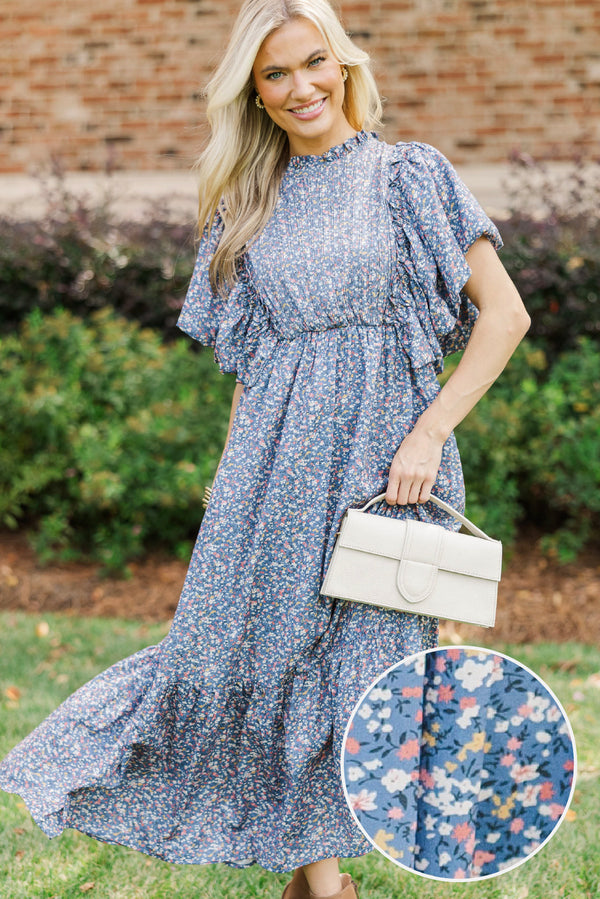 All The Good Blue Ditsy Floral Ruffled Midi Dress