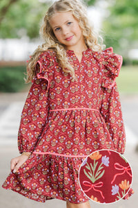 Girls: At This Time Burgundy Bow Print L/S Babydoll Dress