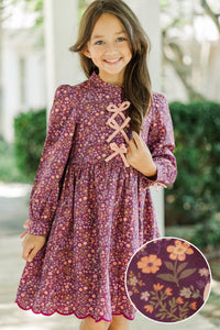 Girls: Just Like Me Plum Ditsy Floral Scalloped Dress