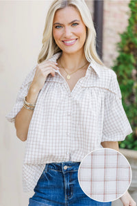 Better Than You Know Cream Plaid Puff Sleeve Blouse