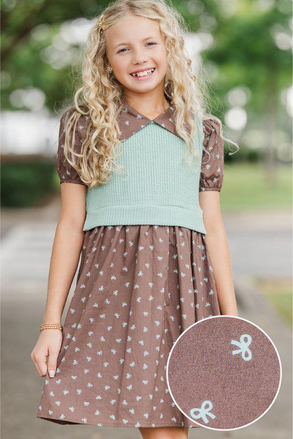 Girls: Playdate Fun Brown Bow Print Dress