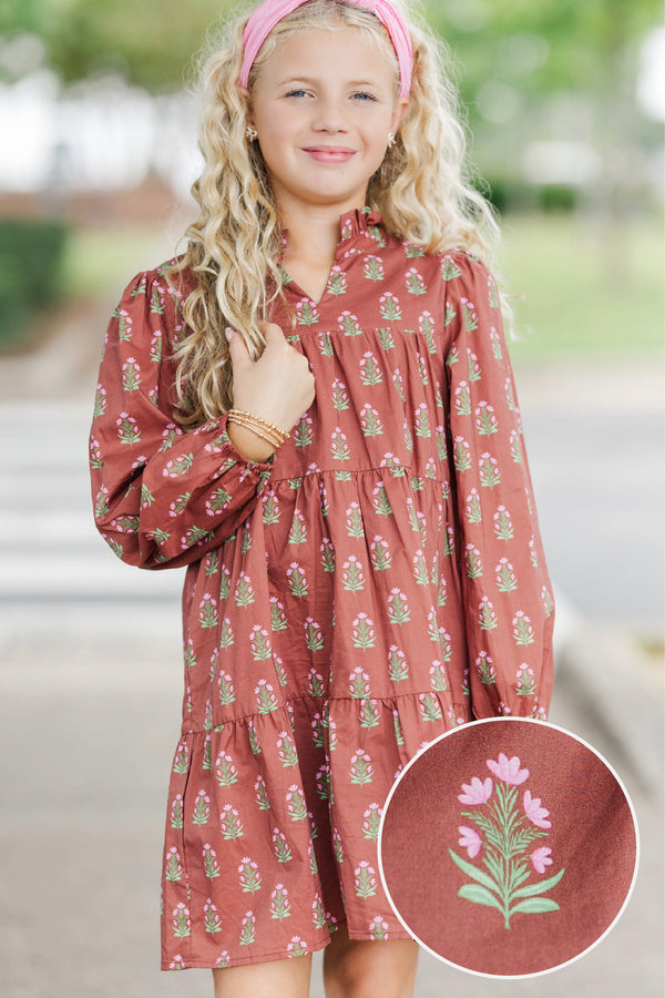 Girls: On Your Way Brown Medallion Print Babydoll Dress