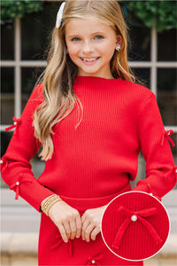 Girls: All Dolled Up Red Pearl Bow Sweater