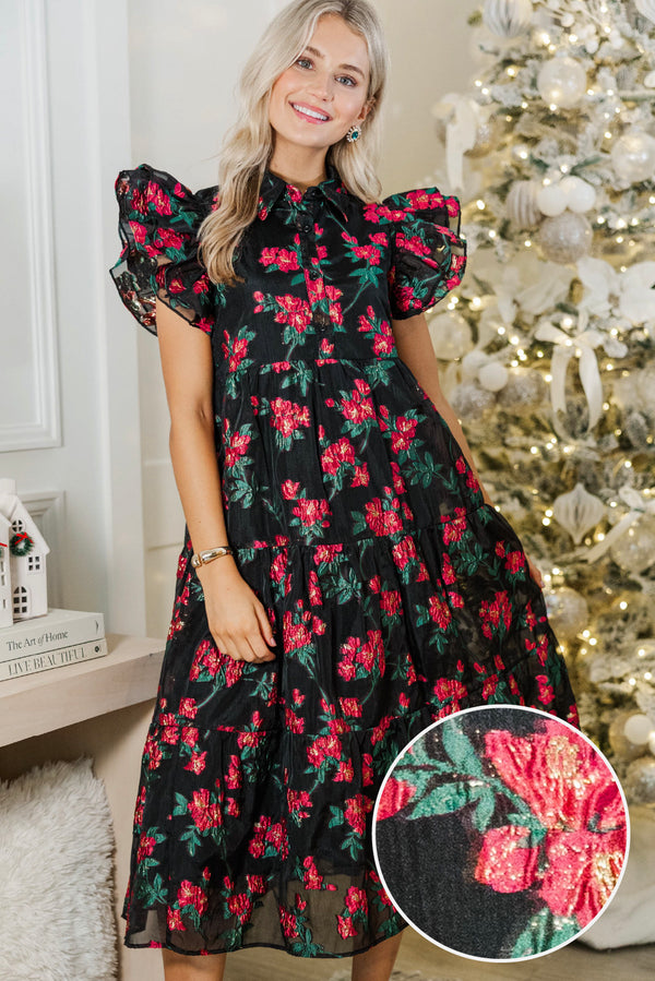 More Good Days Black Brocade Midi Dress
