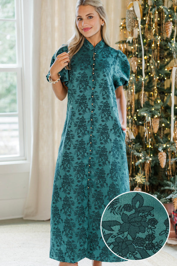 Listen To Me Emerald Green Brocade Midi Dress