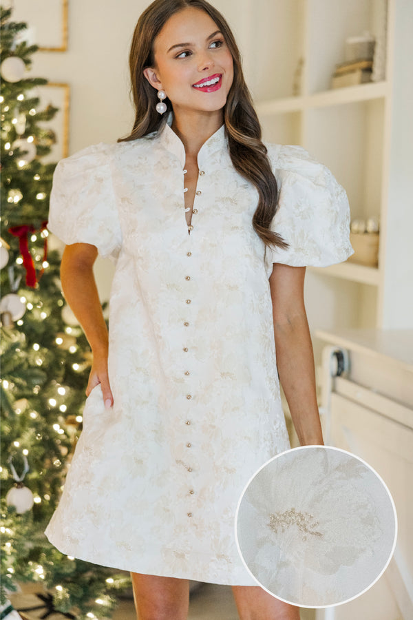 Chic Influences Cream Floral Brocade Dress