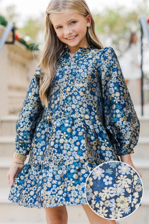 Girls: The Olivia Navy Blue Floral Brocade Dress – Shop the Mint