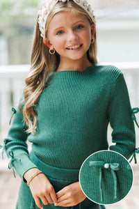 Girls: All Dolled Up Emerald Green Pearl Bow Sweater