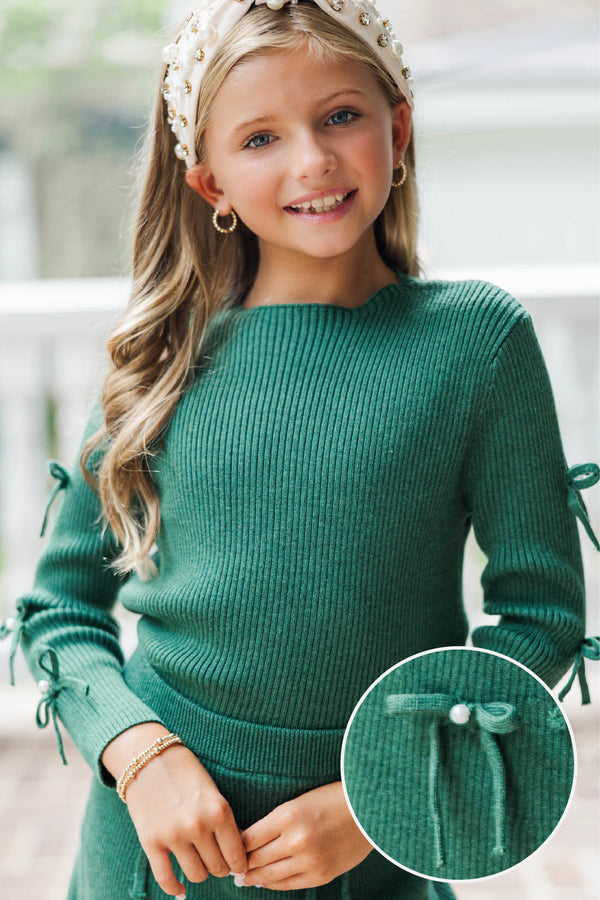 Girls: All Dolled Up Emerald Green Pearl Bow Sweater