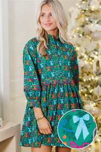 Dreaming Of Snow Green Bow Print Babydoll Dress