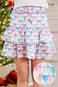 Girls: Take The Leap Pink Christmas Village Satin Skort