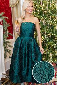 It Was All A Dream Emerald Green Brocade Strapless Midi Dress