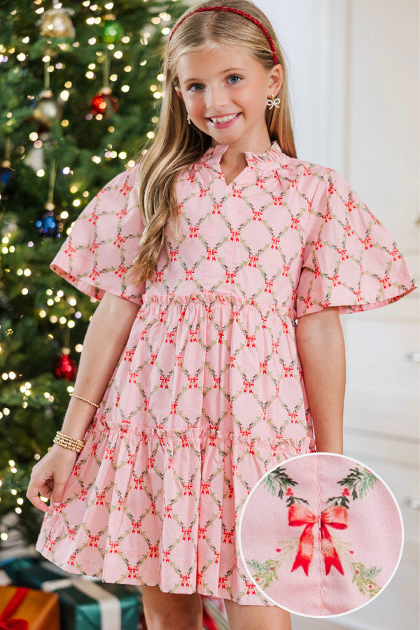 Girls: The Stephanie Pink Bow Print Dress