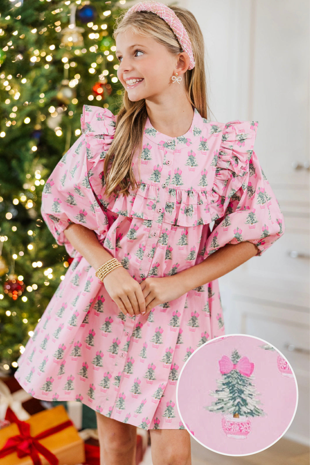 Girls: The Emelia Light Pink Christmas Tree Novelty Dress, (7/8) - The Mint Julep Boutique