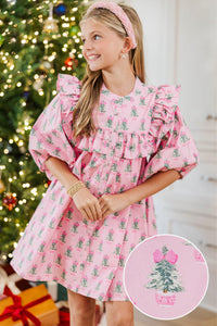Girls: The Emelia Light Pink Christmas Tree Novelty Dress