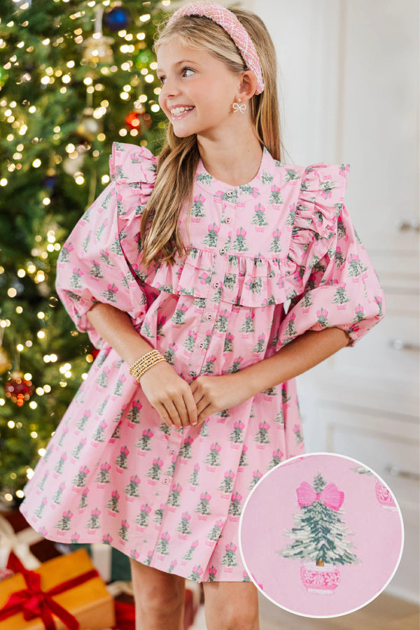 Girls: The Emelia Light Pink Christmas Tree Novelty Dress