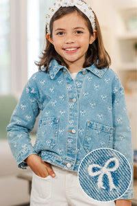 Girls: The Nadia Blue Embroidered Bow Denim Jacket