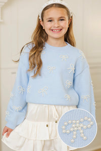 Girls: Lavish Coziness Blue Pearl Bow Sweater