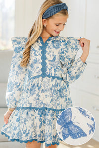 Girls: At This Time Blue Toile Cotton L/S Babydoll Dress