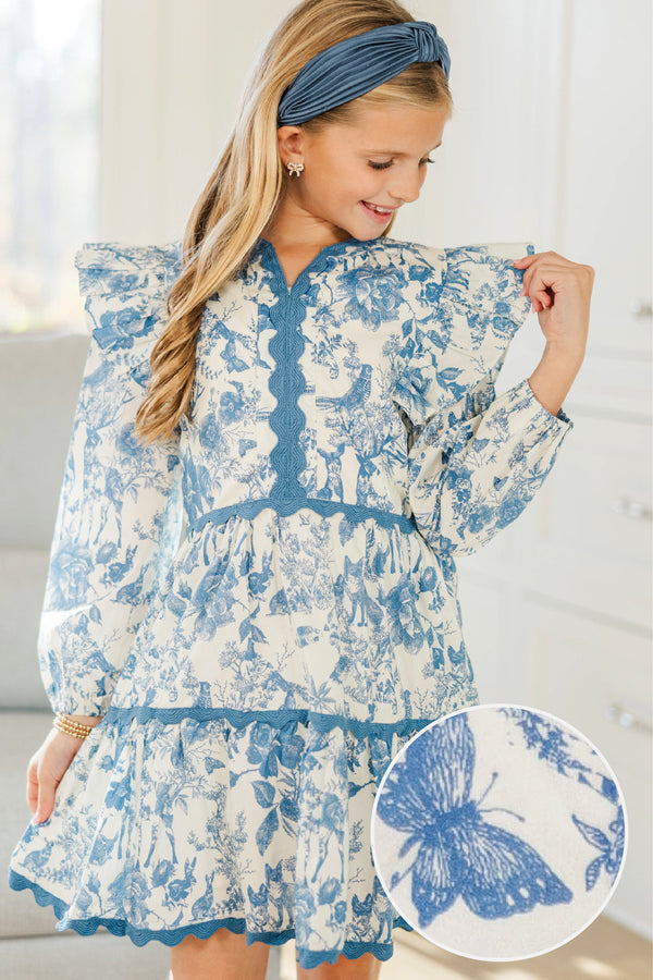 Girls: At This Time Blue Toile Cotton L/S Babydoll Dress