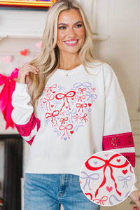 Tied Together Forever White & Fuchsia Lace Sleeve Graphic Sweatshirt