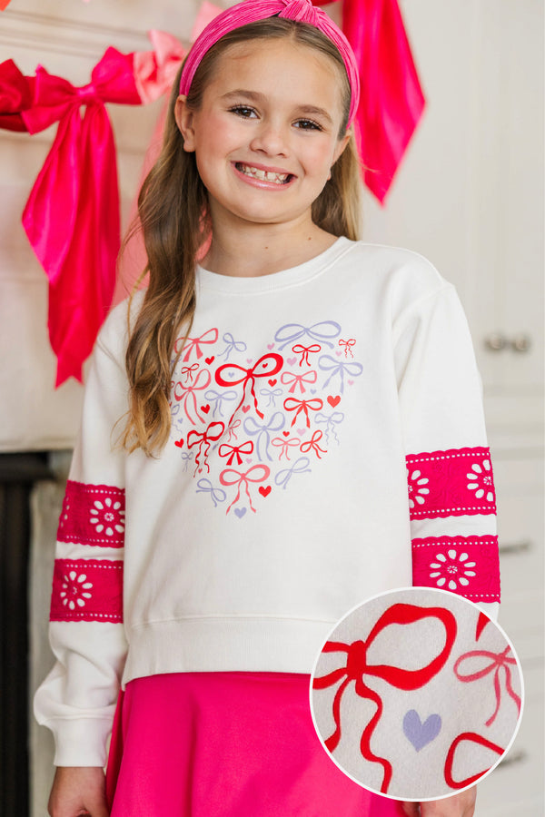 Girls: Tied Together Forever White & Fuchsia Lace Sleeve Graphic Sweatshirt