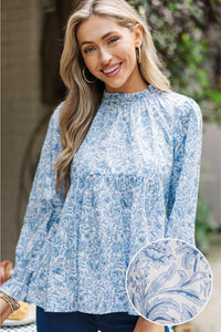 Making Moves Blue Toile Ruffled Blouse