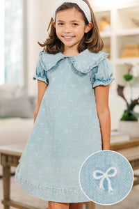 Girls: Charmed In Blue Denim Bow Embroidered Dress