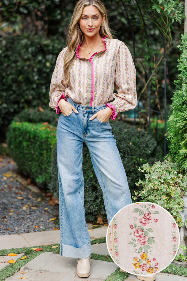 The Sweet Magnolia Taupe Ditsy Floral Blouse