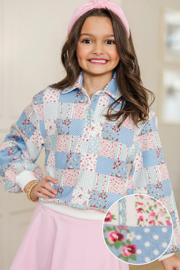 Girls: Sweet Statements Blue Patchwork Pullover