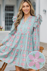 At This Time Light Blue Floral L/S Babydoll Dress