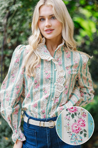 So True Green Floral Trim Blouse