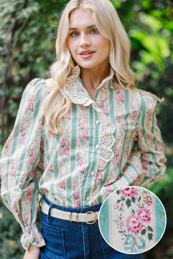 So True Green Floral Trim Blouse