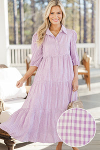 Love Found Purple Gingham Tiered Midi Dress