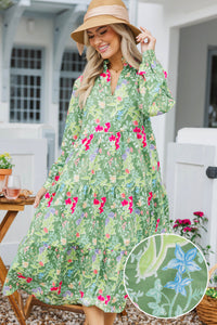 In Your Dreams Green Floral L/S Midi Dress
