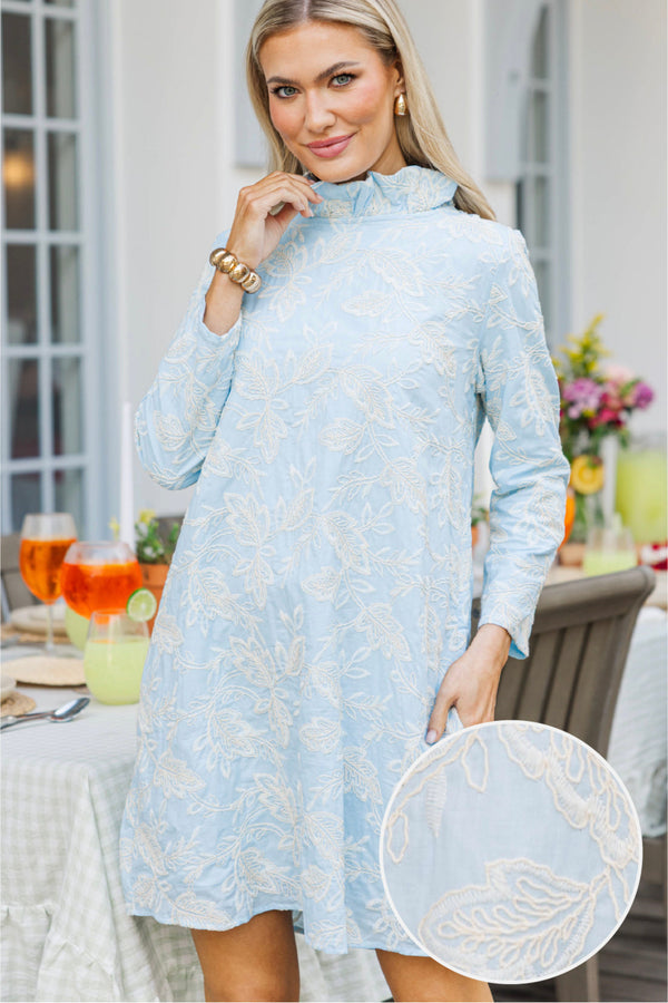 light blue embroidered dress 3D Flower Embroidered Strapless Tube Dress in Light Blue L
