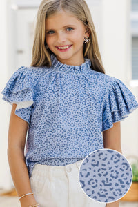 Girls: On My Heart Blue Leopard Cotton Blouse