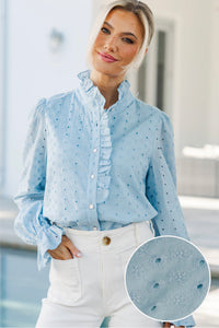So True Light Blue Eyelet Ruffle Blouse