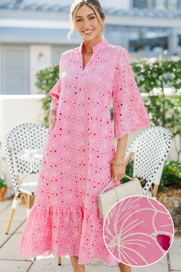 My Kind Of Day Pink Floral Eyelet Midi Dress
