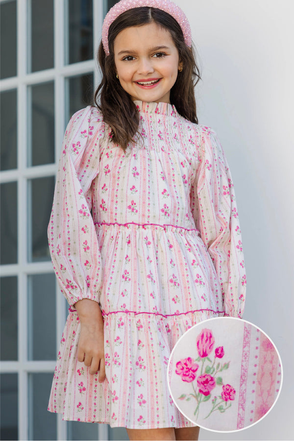 Girls: The Mariana Cream & Pink Floral Babydoll Dress