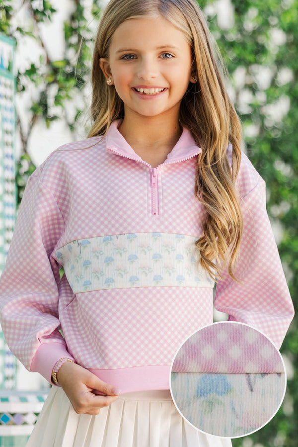 Girls: All Star Pink Gingham Quarter Zip Sweatshirt