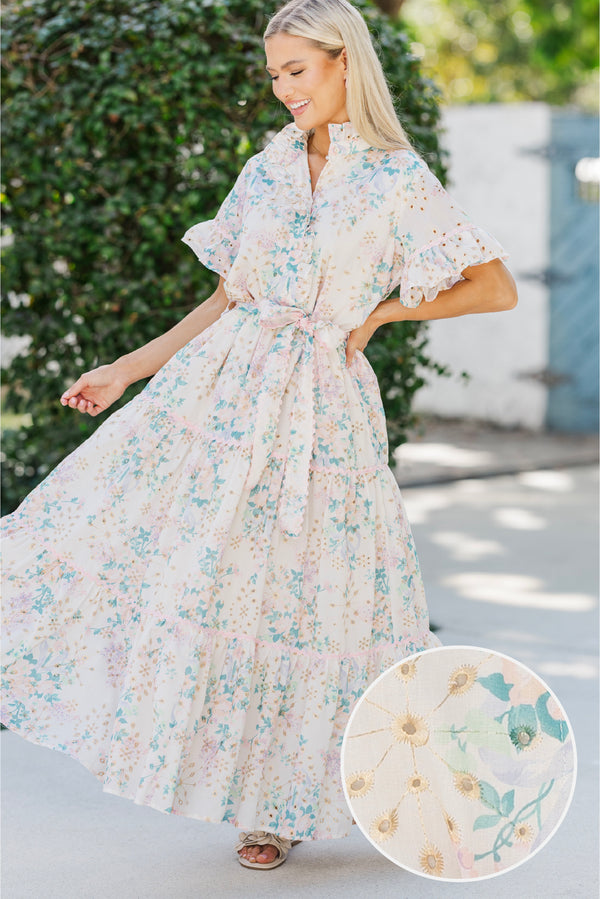 cream patterned dress Creamy Floral Lattice Dress | Embroidered Rust Trim & Ruffled Collar
