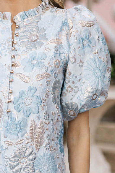 See The Light Light Blue Brocade Midi Dress – Shop the Mint